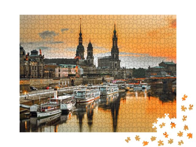 Puzzle de 1000 pièces « Skyline de Dresde sur l'Elbe au coucher du soleil, Allemagne »