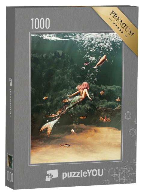 Puzzle de 1000 pièces « Une gracieuse sirène nage avec des poissons et un phoque »