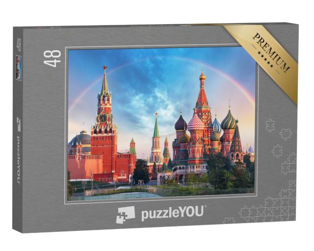Puzzle de 48 pièces « Vue panoramique de la Place Rouge avec le Kremlin de Moscou et l'arc-en-ciel »