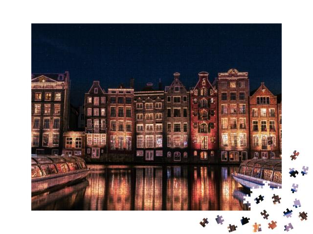 Puzzle de 1000 pièces « Les maisons dansantes d'Amsterdam la nuit, Pays-Bas »