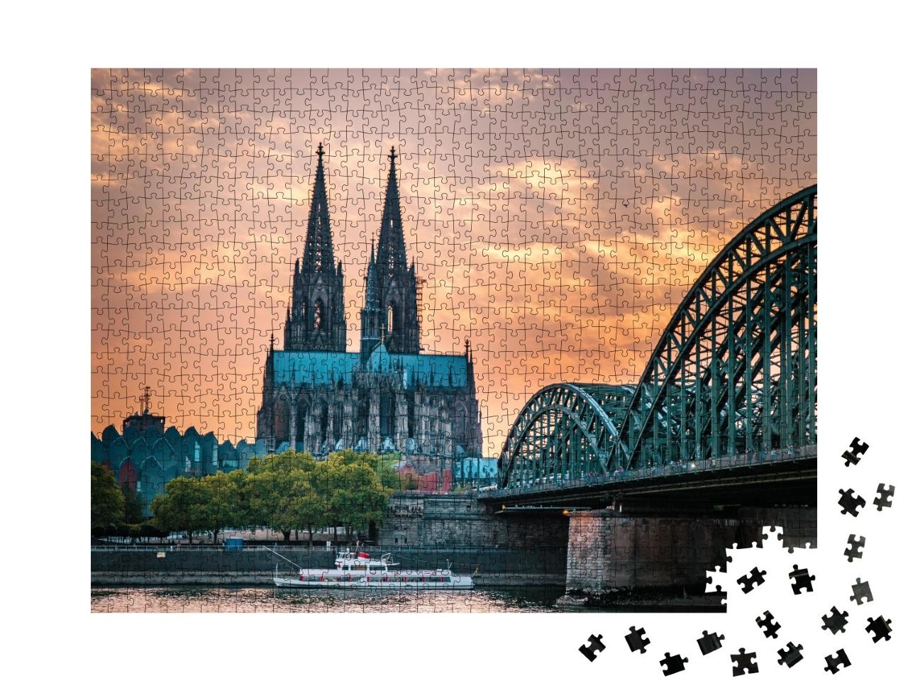 Puzzle de 1000 pièces « Cathédrale de Cologne et pont Hohenzollern à Cologne le soir »