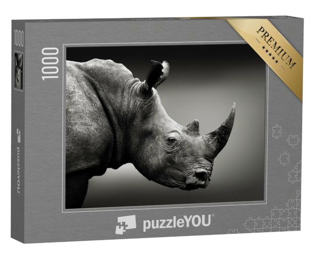 Puzzle de 1000 pièces « Rhinocéros très attentif en noir et blanc, Afrique du Sud »