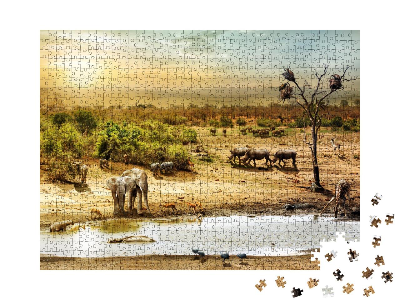 Puzzle de 1000 pièces « Animaux au point d'eau au coucher du soleil désert sud-africain »