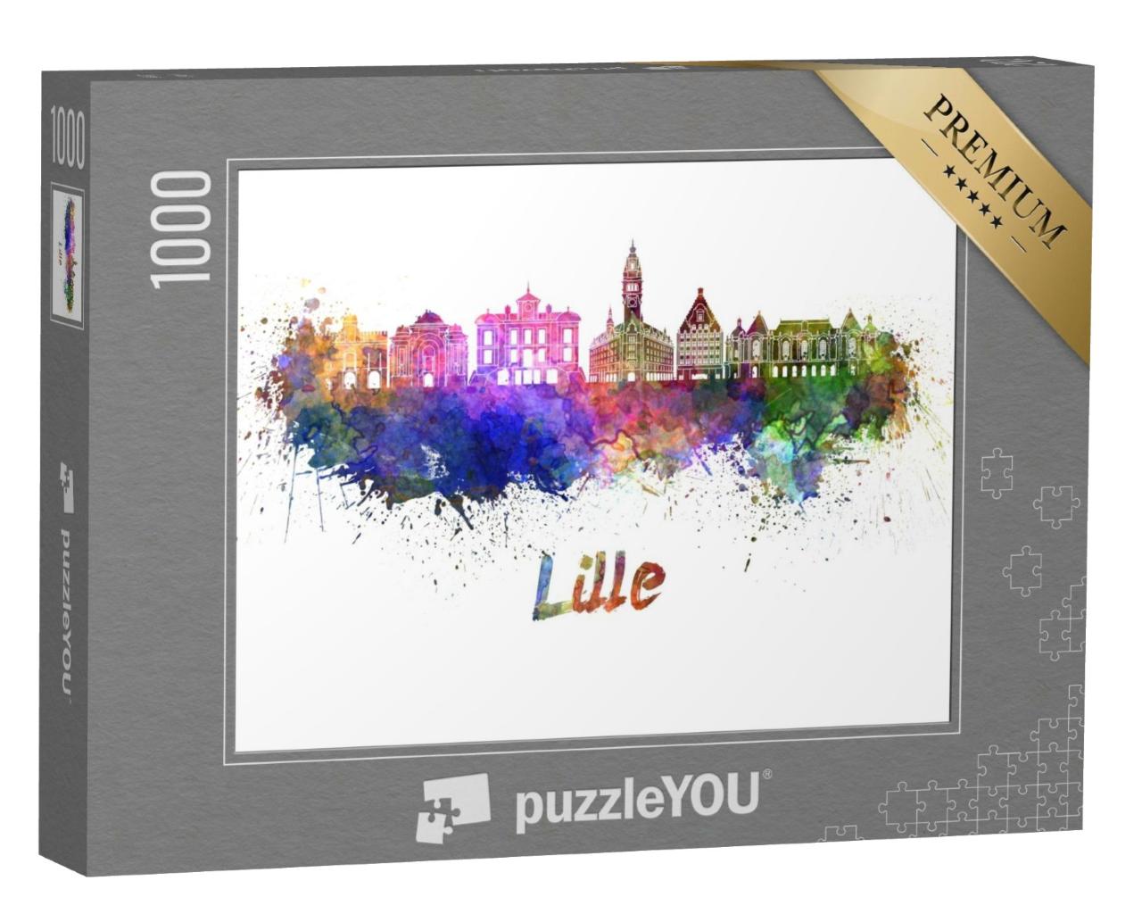 Puzzle de 1000 pièces « Skyline de Lille en éclaboussures d'aquarelle avec sentier de circoncision »