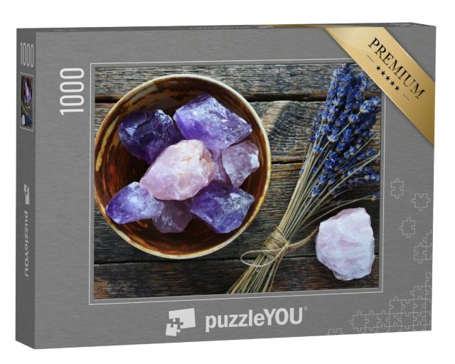 Puzzle de 1000 pièces « Tableau d'un bol en céramique avec un grand quartz rose et un cristal d'améthyste »