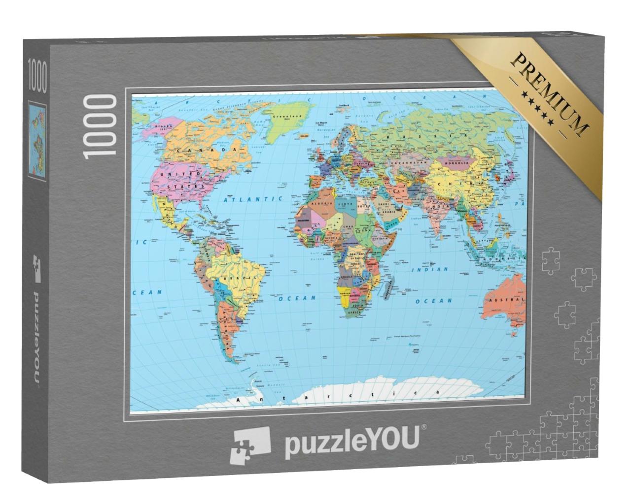 Puzzle de 1000 pièces « Carte du monde en couleur - frontières, pays, routes et villes »