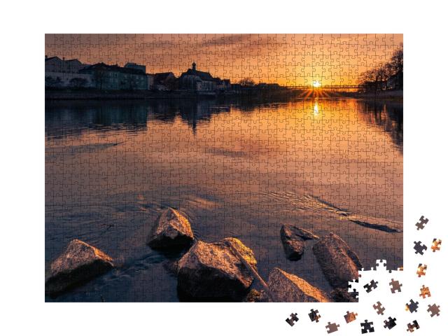 Puzzle de 1000 pièces « Panorama du coucher de soleil à Regensburg, Bavière »