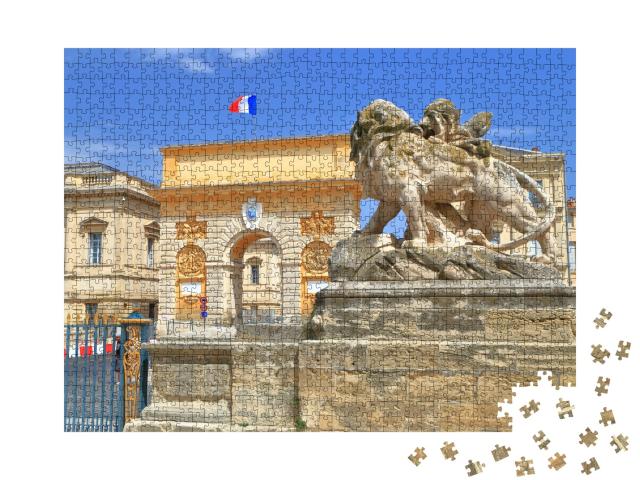 Puzzle de 1000 pièces « Porte du Peyrou et la statue du lion à Montpellier, Languedoc Roussillon, France »