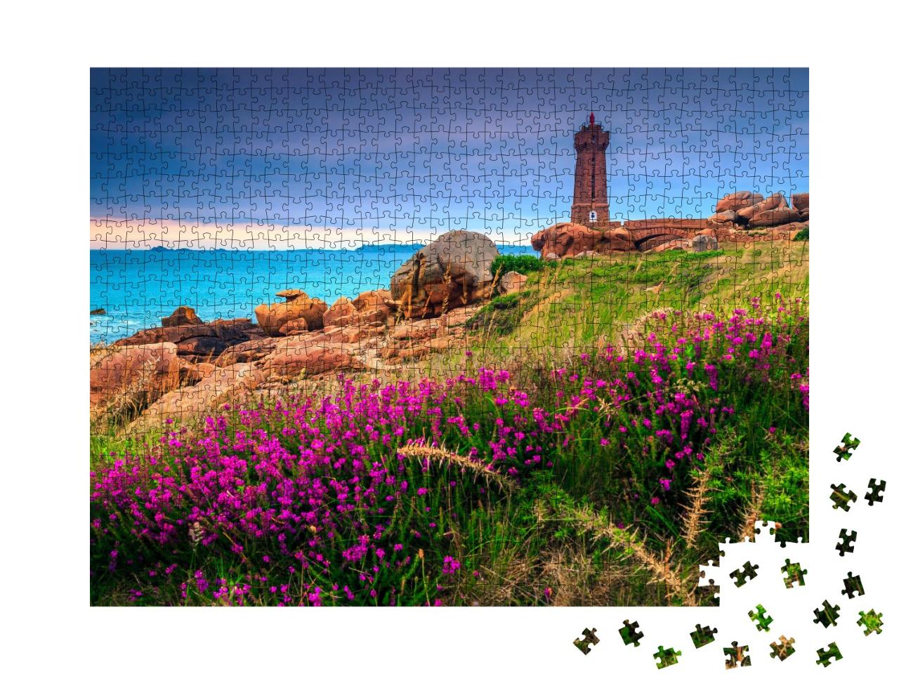 Puzzle de 1000 pièces « Phare et fleurs au coucher du soleil, Bretagne, France »