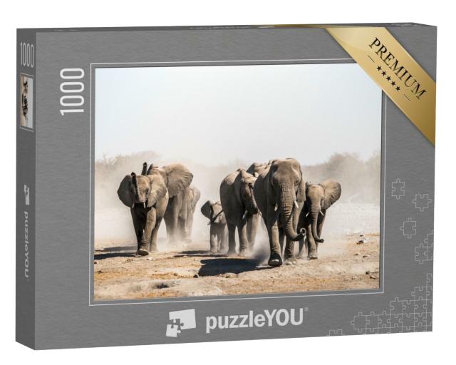 Puzzle de 1000 pièces « Un troupeau d'éléphants au point d'eau, parc national d'Etosha, Namibie, Afrique »
