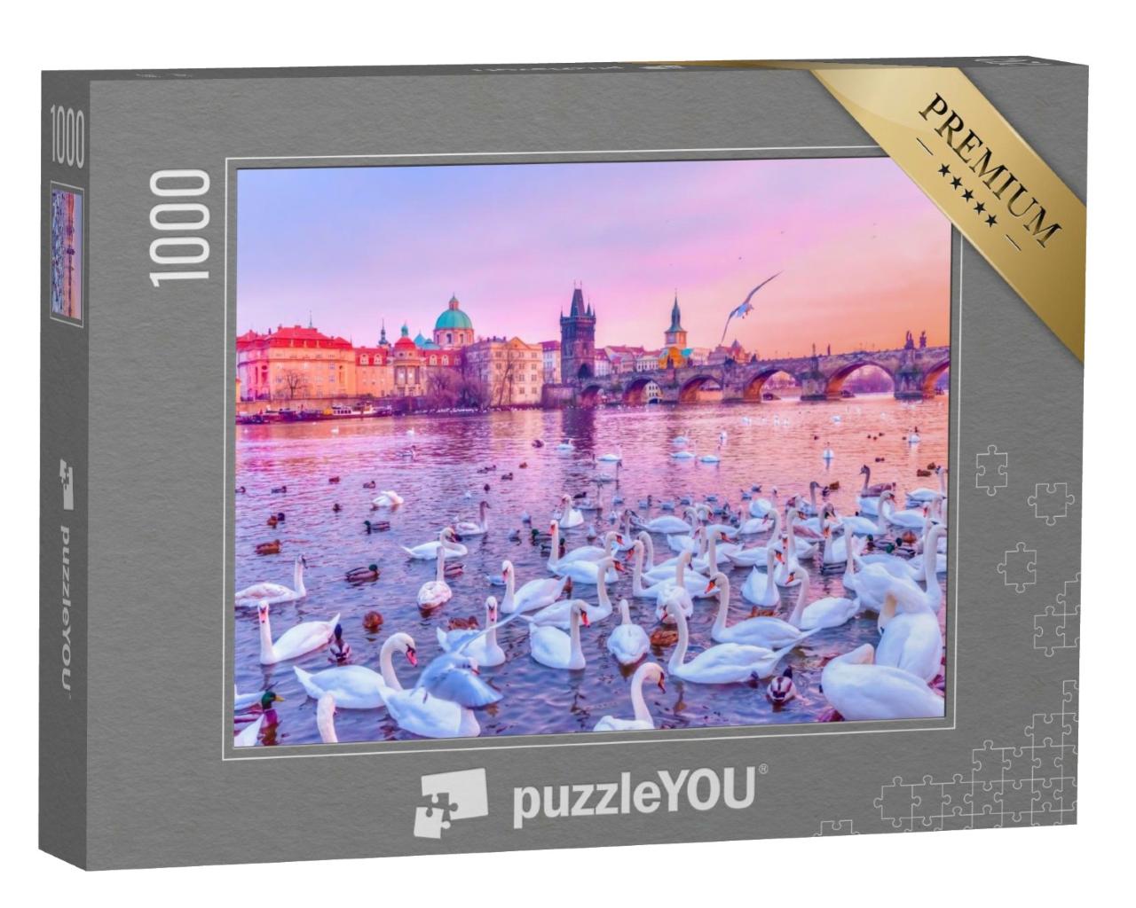Puzzle de 1000 pièces « Cygnes sur la Vltava, coucher de soleil à Prague »