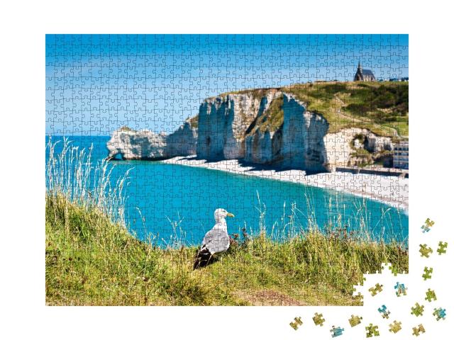 Puzzle de 1000 pièces « Mouette sur une plage rocheuse. Normandie, Côte d'Albatre, France. »
