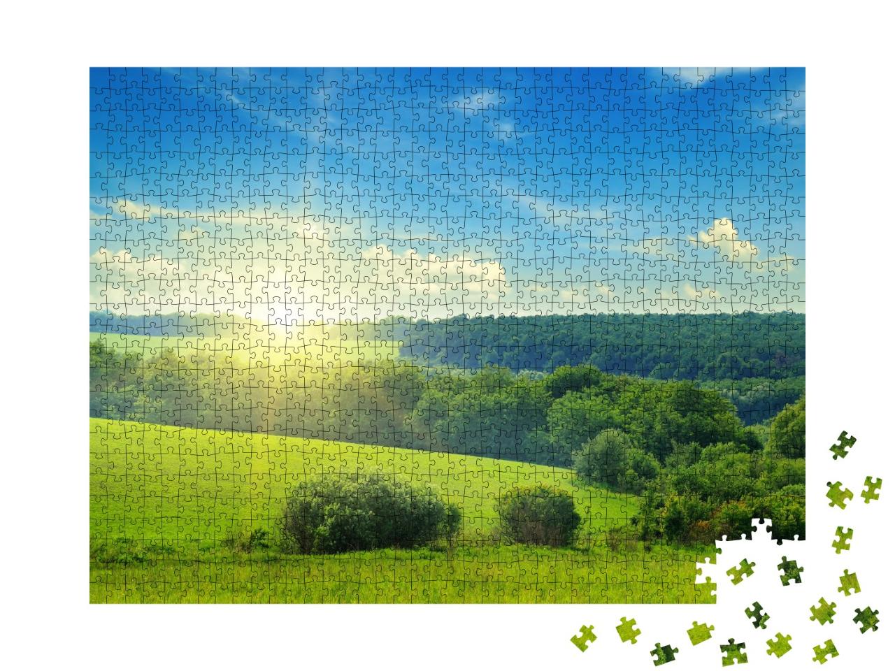 Puzzle de 1000 pièces « Vertes prairies et forêts au lever du soleil »