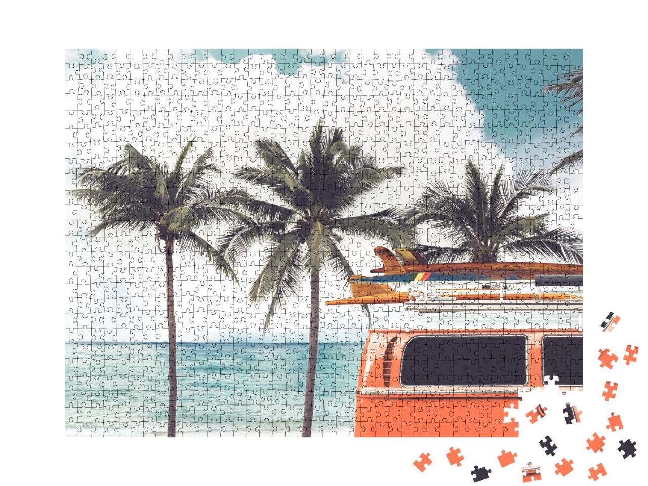 Puzzle de 1000 pièces « Excursion de surf : bus d'époque sur une plage de palmiers »