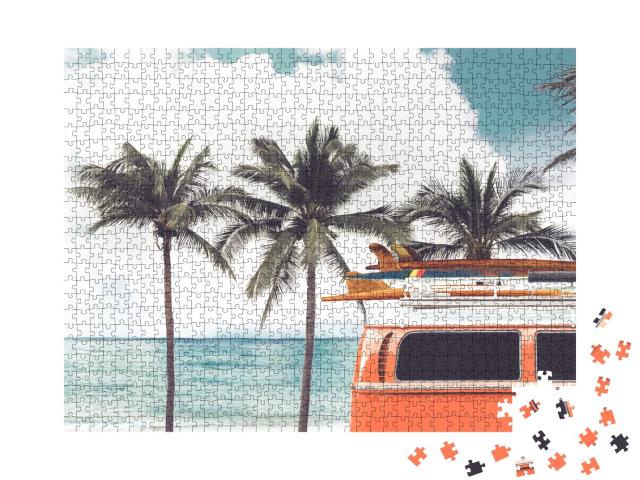 Puzzle de 1000 pièces « Excursion de surf : bus d'époque sur une plage de palmiers »
