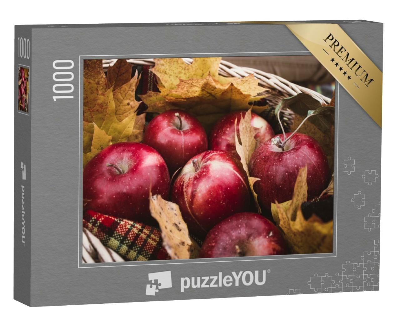 Puzzle de 1000 pièces « Récolte de pommes rouges dans un panier de feuilles d'automne »