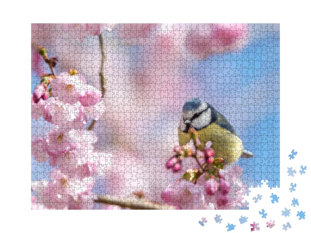 Puzzle de 1000 pièces « Une mésange bleue est perchée sur une belle branche avec des fleurs de cerisier »