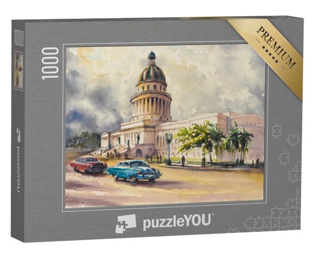 Puzzle de 1000 pièces « Vieilles voitures américaines devant le Capitole, La Havane, Cuba »