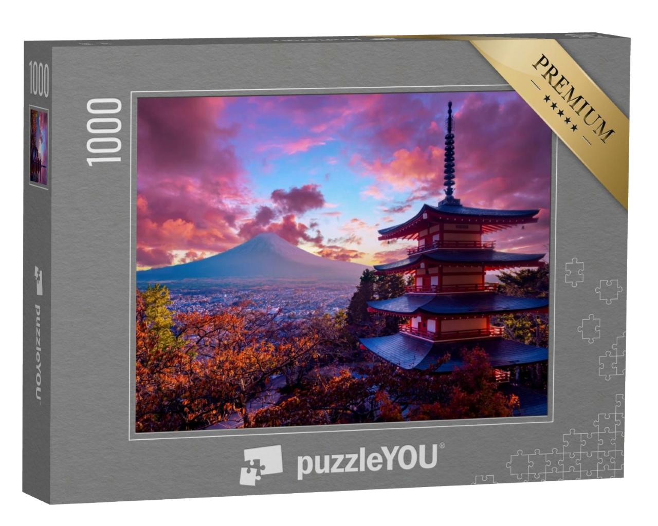 Puzzle de 1000 pièces « Magnifique coucher de soleil, pagode Chureito et Mont Fuji, Japon »