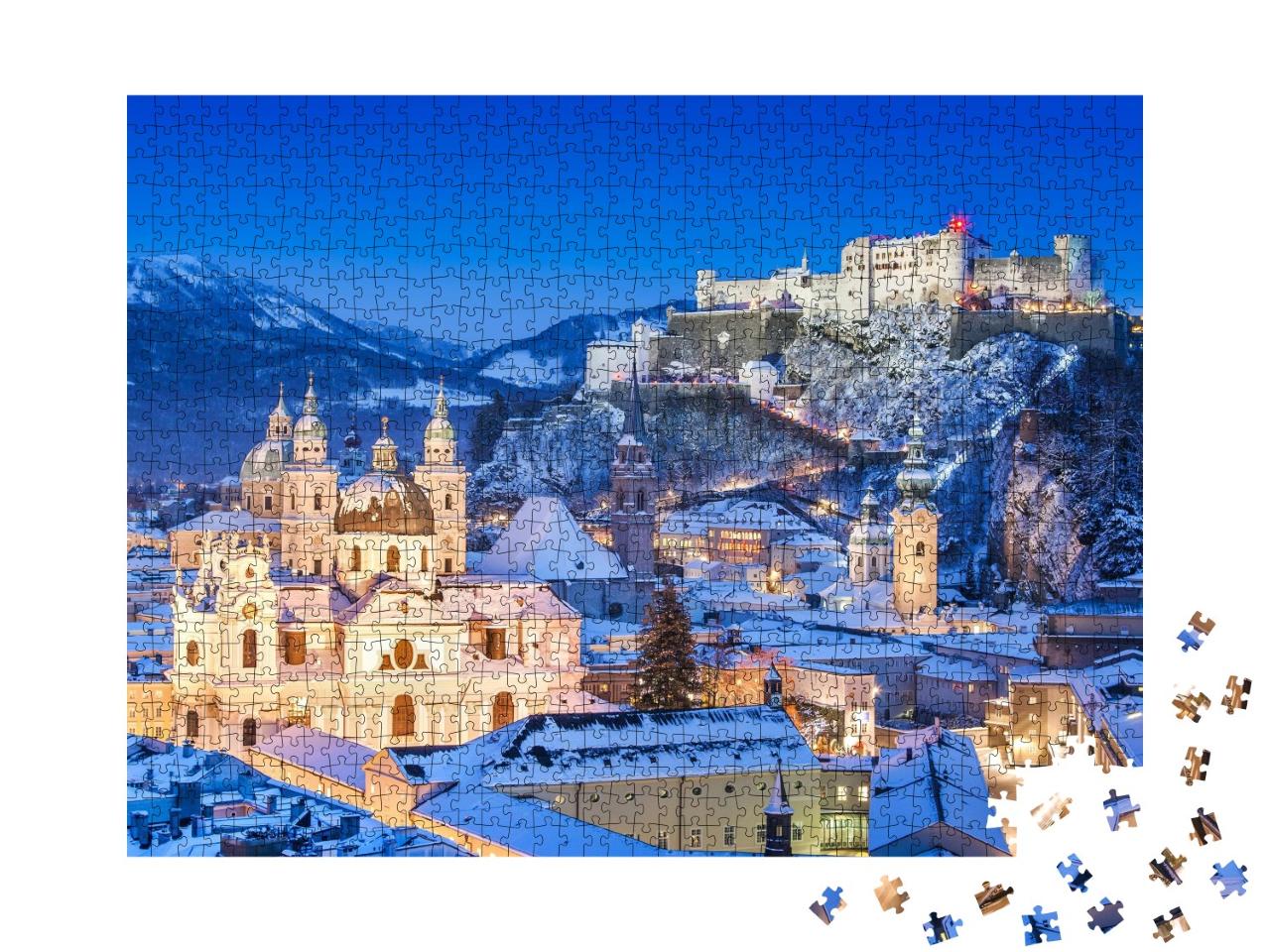 Puzzle de 1000 pièces « Belle vue sur la ville historique de Salzbourg avec sa forteresse en hiver, Autriche »