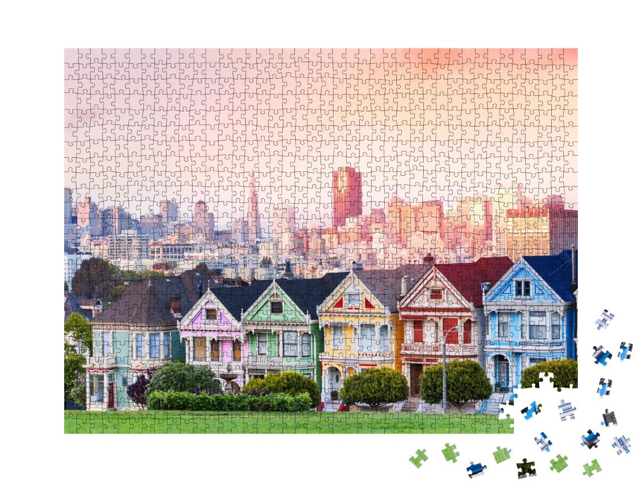 Puzzle de 1000 pièces « Painted Ladies devant la ligne d'horizon de San Francisco le soir »