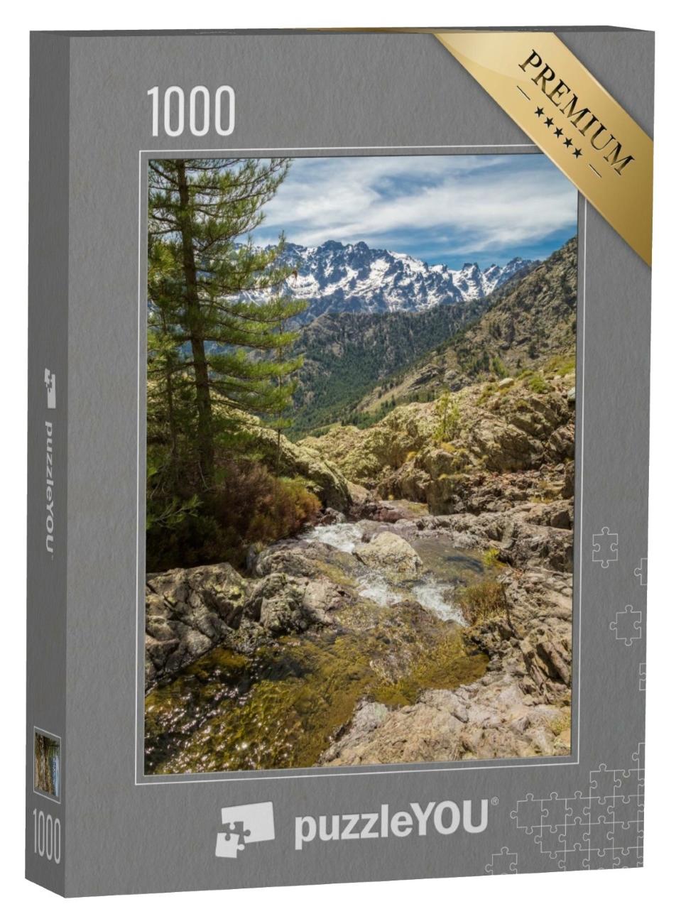 Puzzle de 1000 pièces « Petit ruisseau de montagne en Corse avec les montagnes d'Asco et le Monte Cinto en arrière-plan »