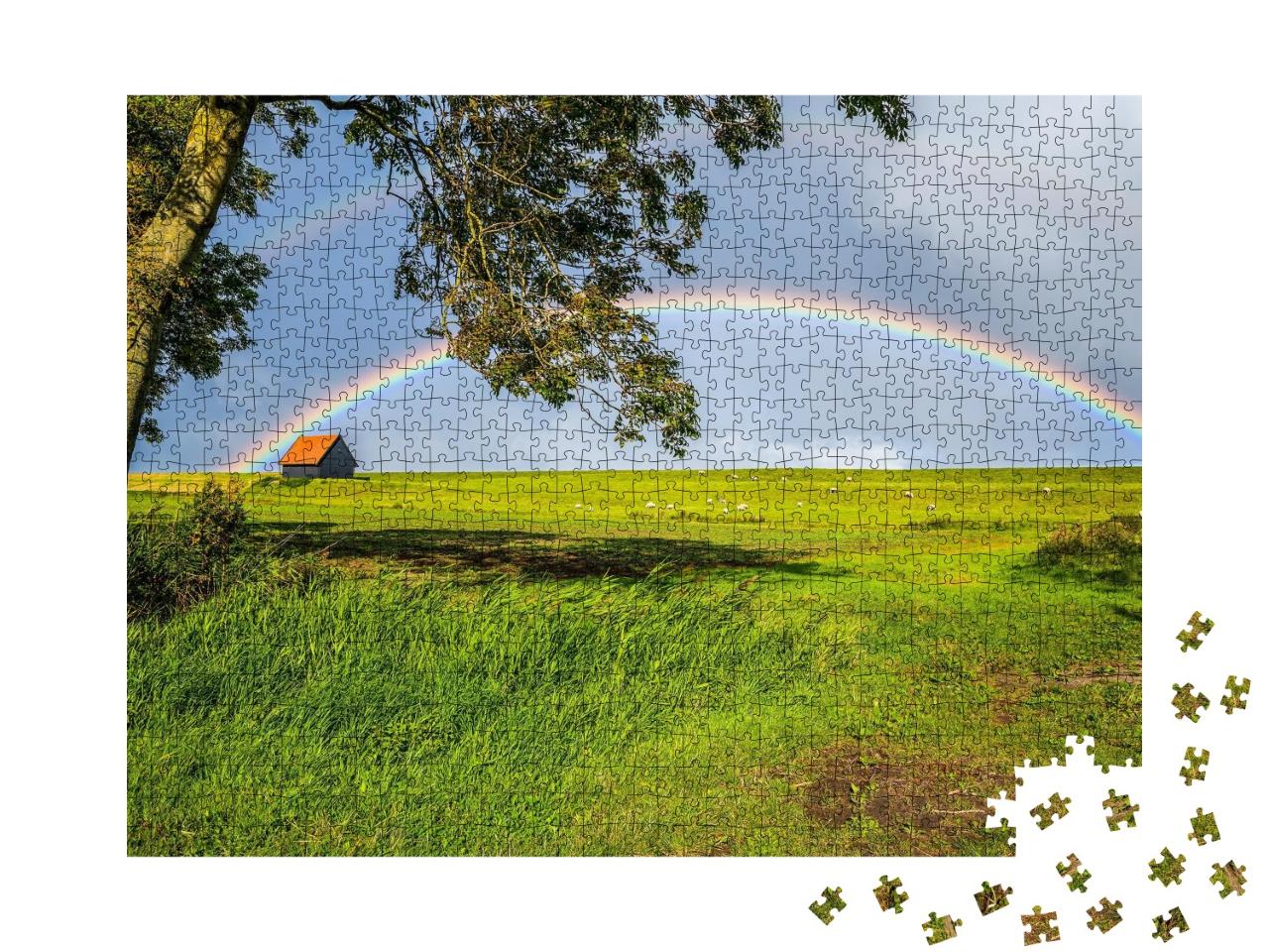 Puzzle de 1000 pièces « Arc-en-ciel au-dessus d'un pâturage vallonné »