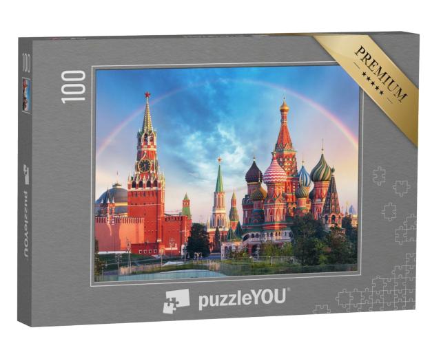 Puzzle de 100 pièces « Vue panoramique de la Place Rouge avec le Kremlin de Moscou et l'arc-en-ciel »