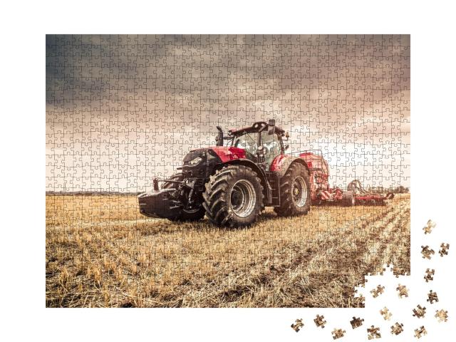 Puzzle de 1000 pièces « Tracteur rouge au travail dans les champs »