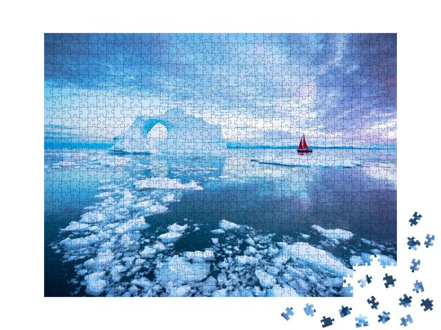Puzzle de 1000 pièces « Voilier aux voiles rouges croisant à côté d'un iceberg ajouré »
