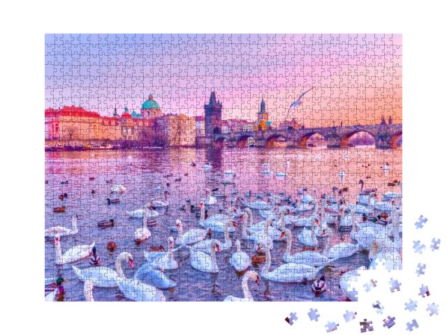 Puzzle de 1000 pièces « Cygnes sur la Vltava, coucher de soleil à Prague »
