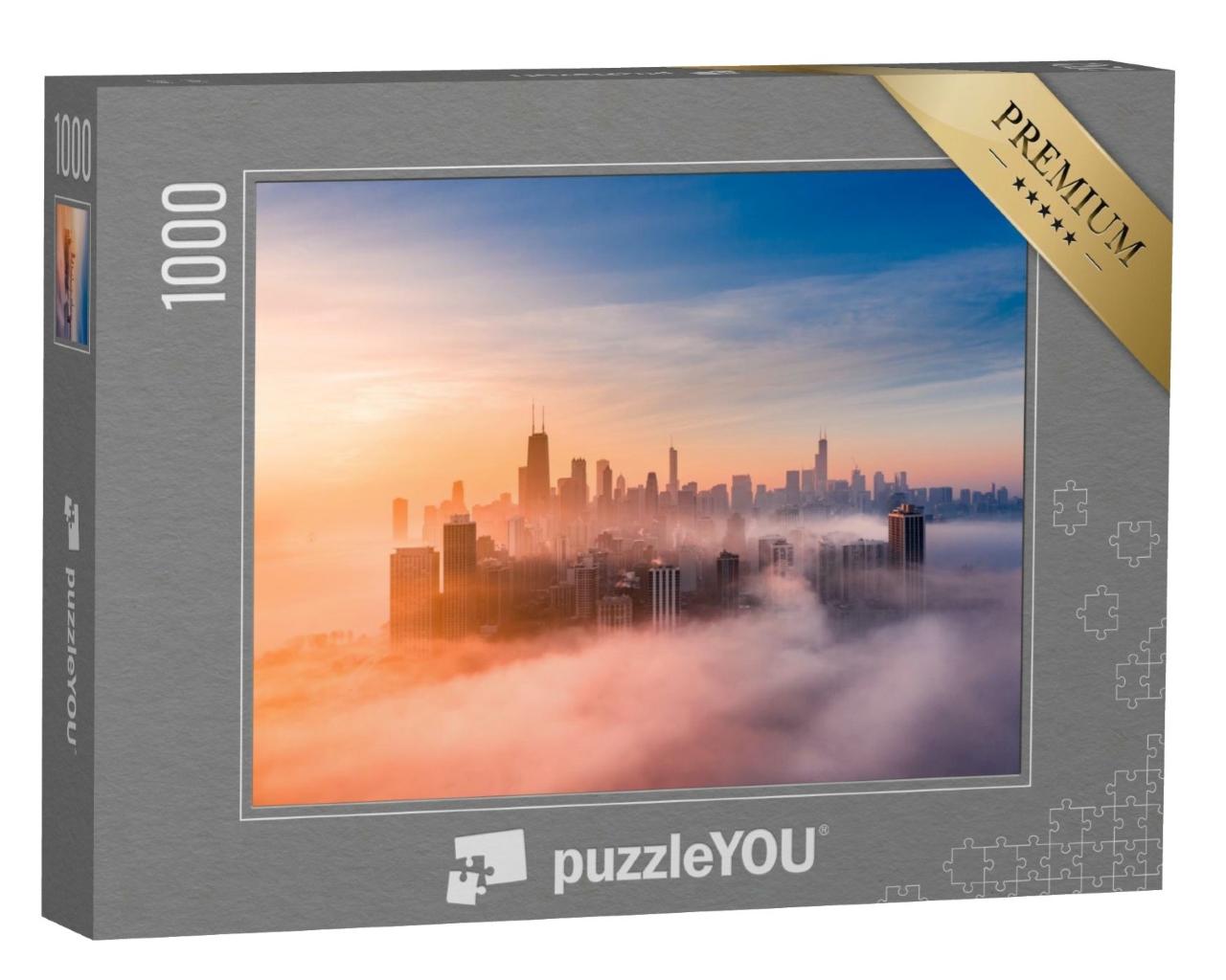 Puzzle de 1000 pièces « Lever de soleil brumeux avec la ligne d'horizon de Chicago »