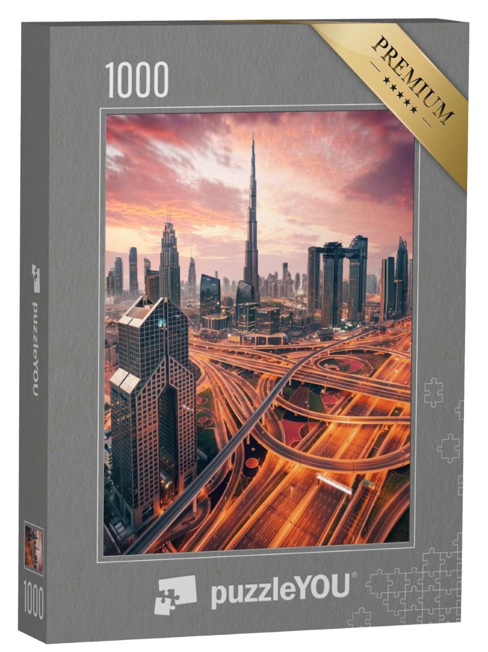 Puzzle de 1000 pièces « Magnifique lever de soleil sur le centre-ville de Dubaï »