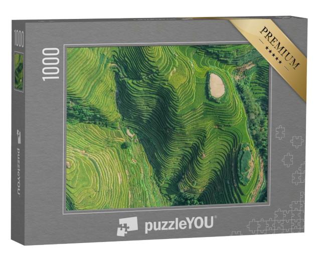 Puzzle de 1000 pièces « Vue aérienne de rizières vertes et jaunes en Chine »