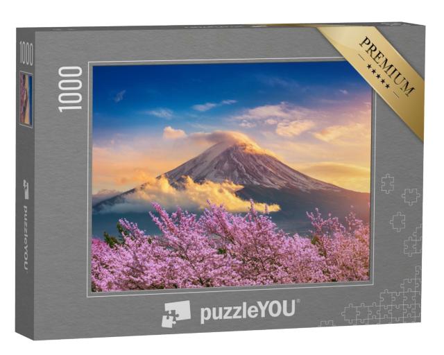 Puzzle de 1000 pièces « Le Mont Fuji et les cerisiers en fleurs un soir de printemps, Japon »
