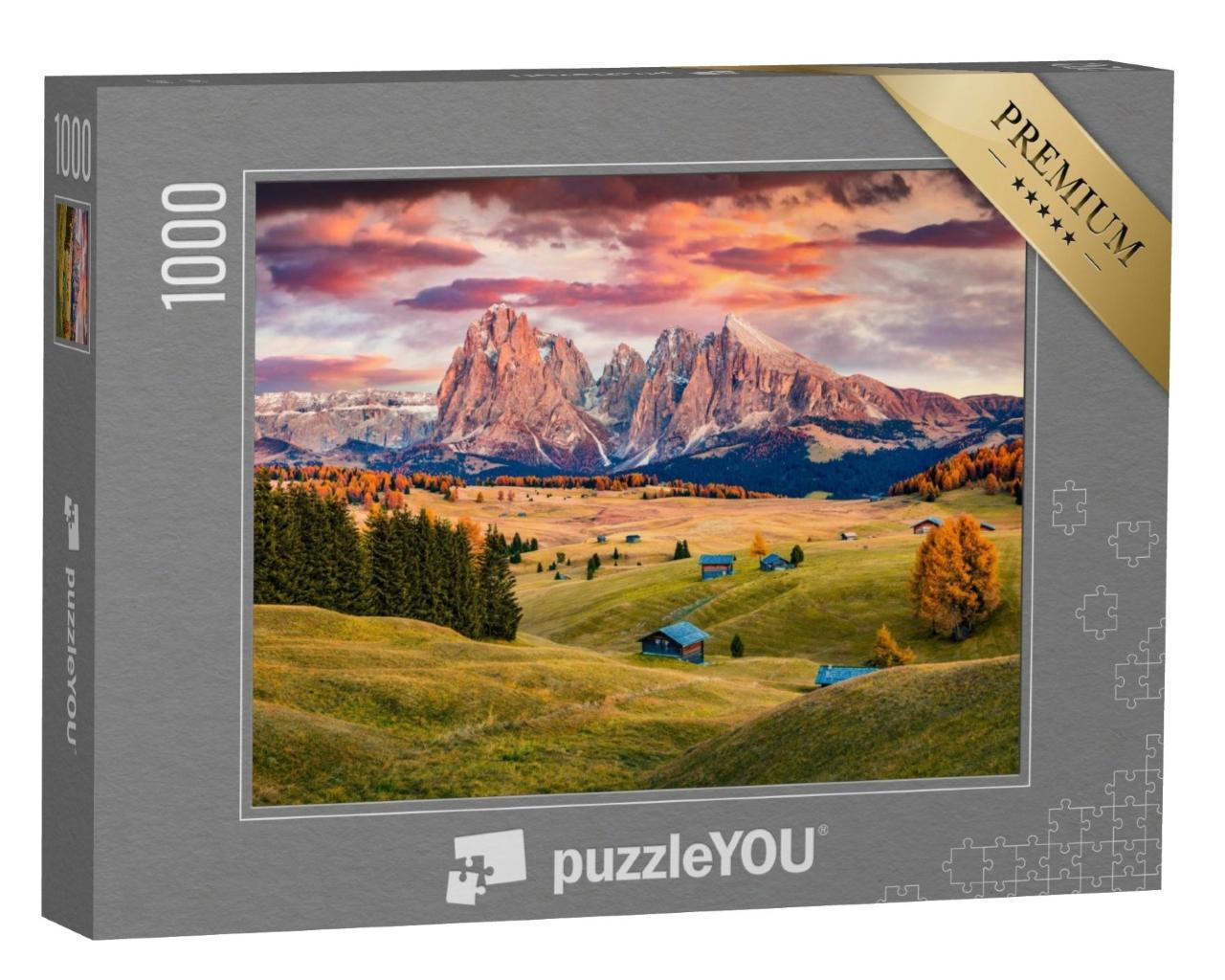 Puzzle de 1000 pièces « Lever de soleil sur l'Alpe de Siusi avec des mélèzes automnaux devant le Langkofel »