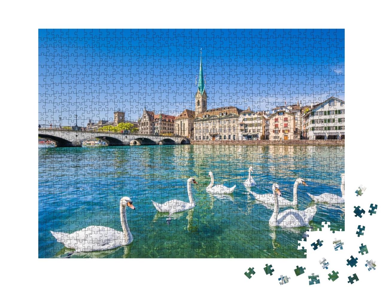 Puzzle de 1000 pièces « Magnifiques cygnes sur la Limmat près de Zurich, Suisse »