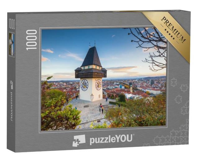 Puzzle de 1000 pièces « Panorama classique : Graz avec la tour de l'horloge au coucher du soleil, Styrie »