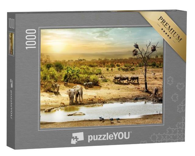 Puzzle de 1000 pièces « Animaux au point d'eau au coucher du soleil désert sud-africain »