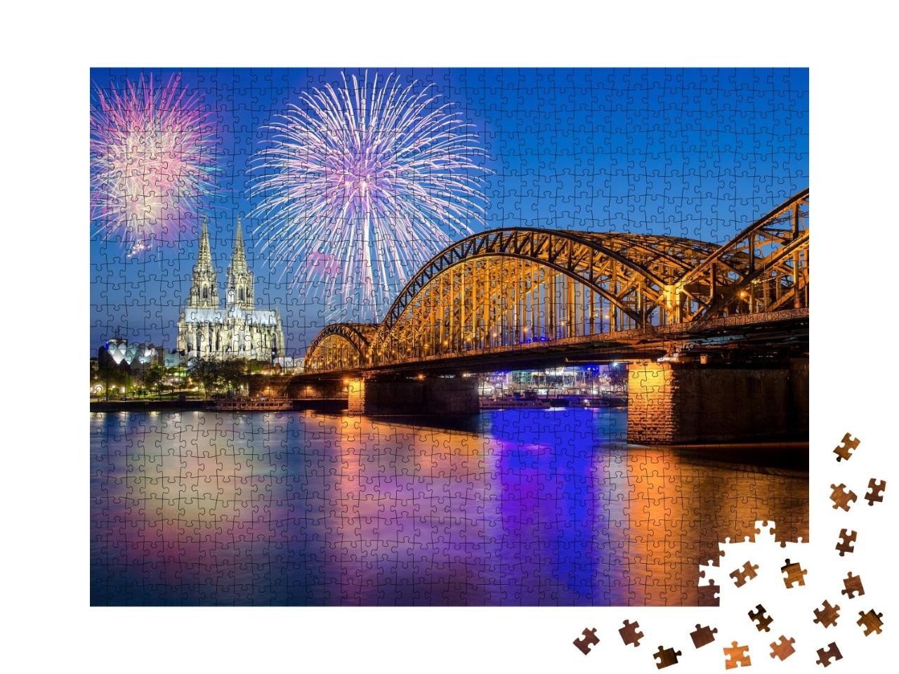 Puzzle de 1000 pièces « Feux d'artifice de la Saint-Sylvestre à la cathédrale de Cologne avec le pont Hohenzollern »