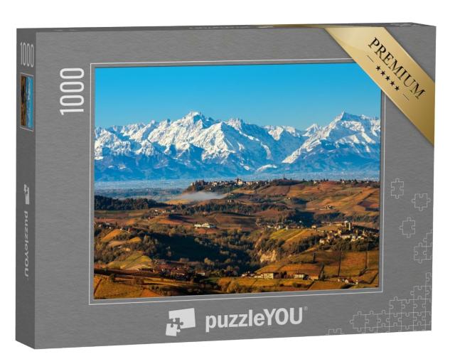 Puzzle de 1000 pièces « Vue d'en haut sur les collines automnales et les montagnes enneigées »