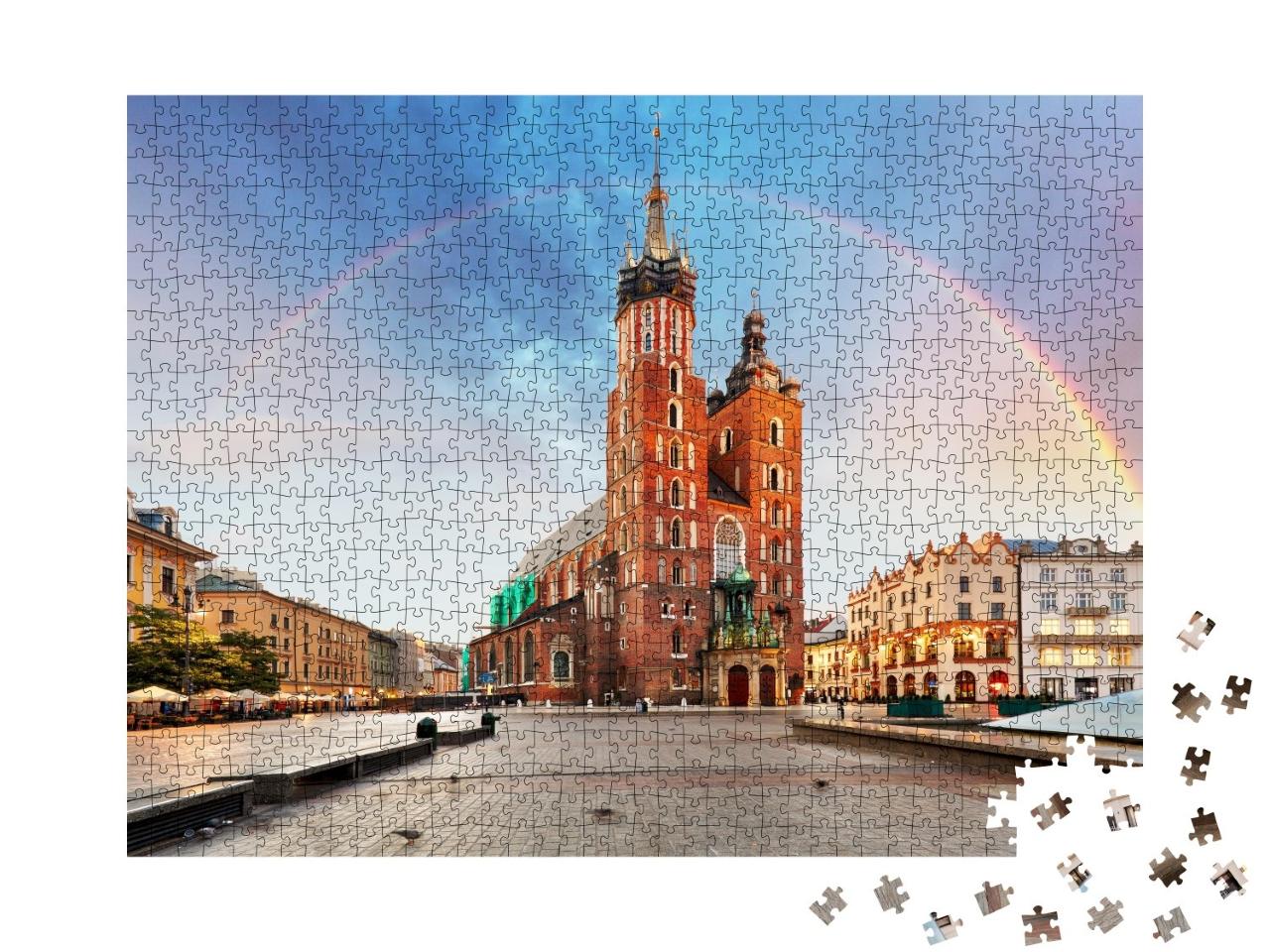 Puzzle de 1000 pièces « Basilique mariale sur la place principale de Cracovie avec arc-en-ciel »