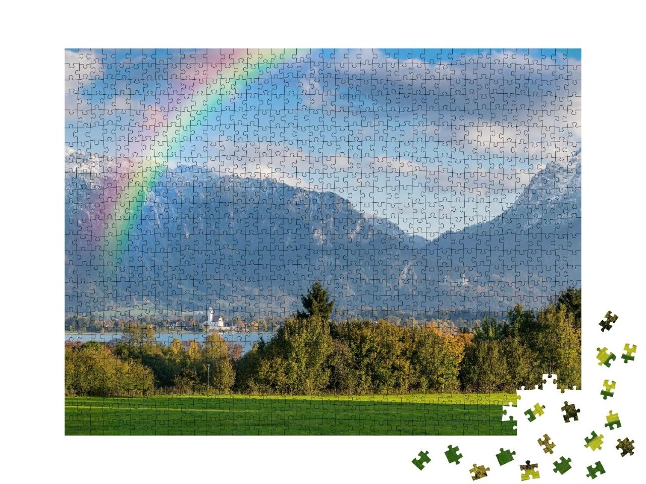 Puzzle de 1000 pièces « Panorama automnal avec arc-en-ciel au-dessus du lac Forggensee »