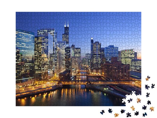 Puzzle de 1000 pièces « Le centre-ville de Chicago et la rivière Chicago avec ses ponts au coucher du soleil »