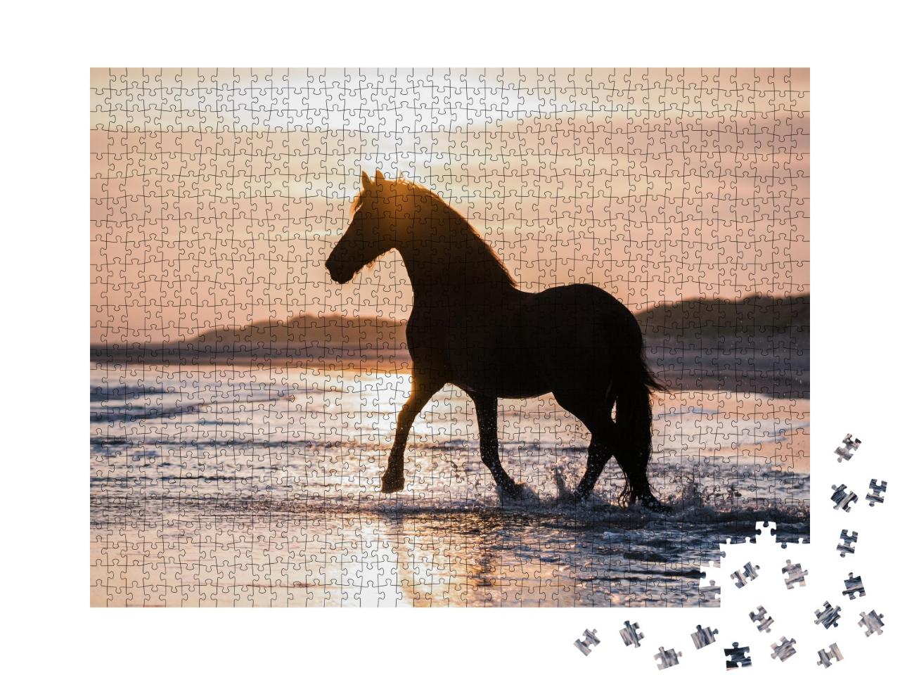 Puzzle de 1000 pièces « Cheval noir trottant librement sur la plage contre la lumière du soir »