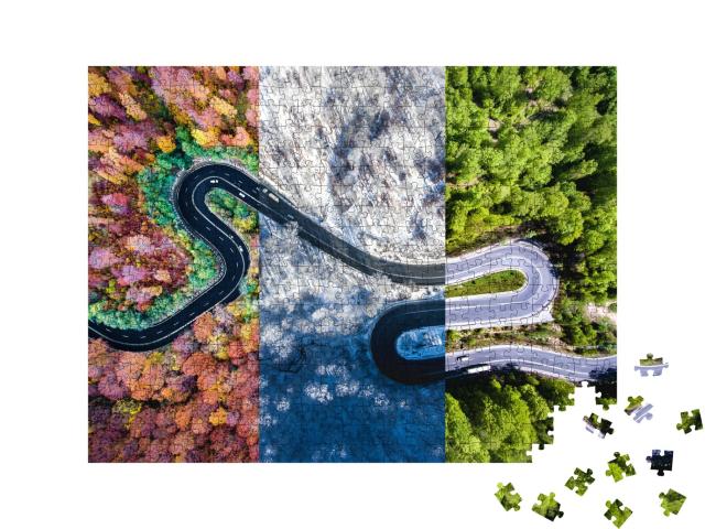 Puzzle de 500 pièces « Route sinueuse dans la forêt au fil des saisons »
