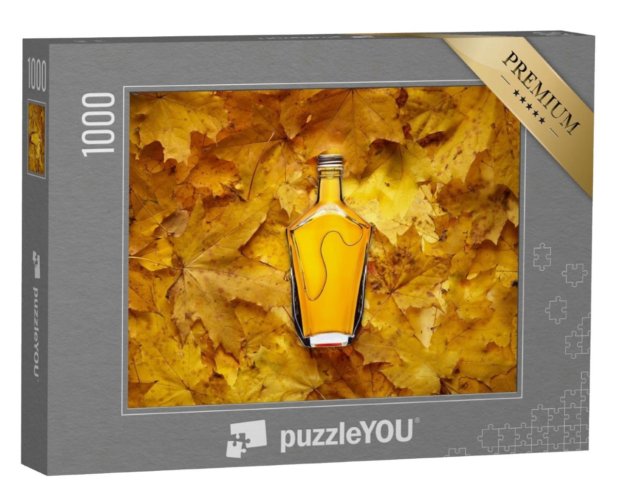 Puzzle de 1000 pièces « Bouteille d'eau-de-vie de vin sur des feuilles d'érable jaunes »