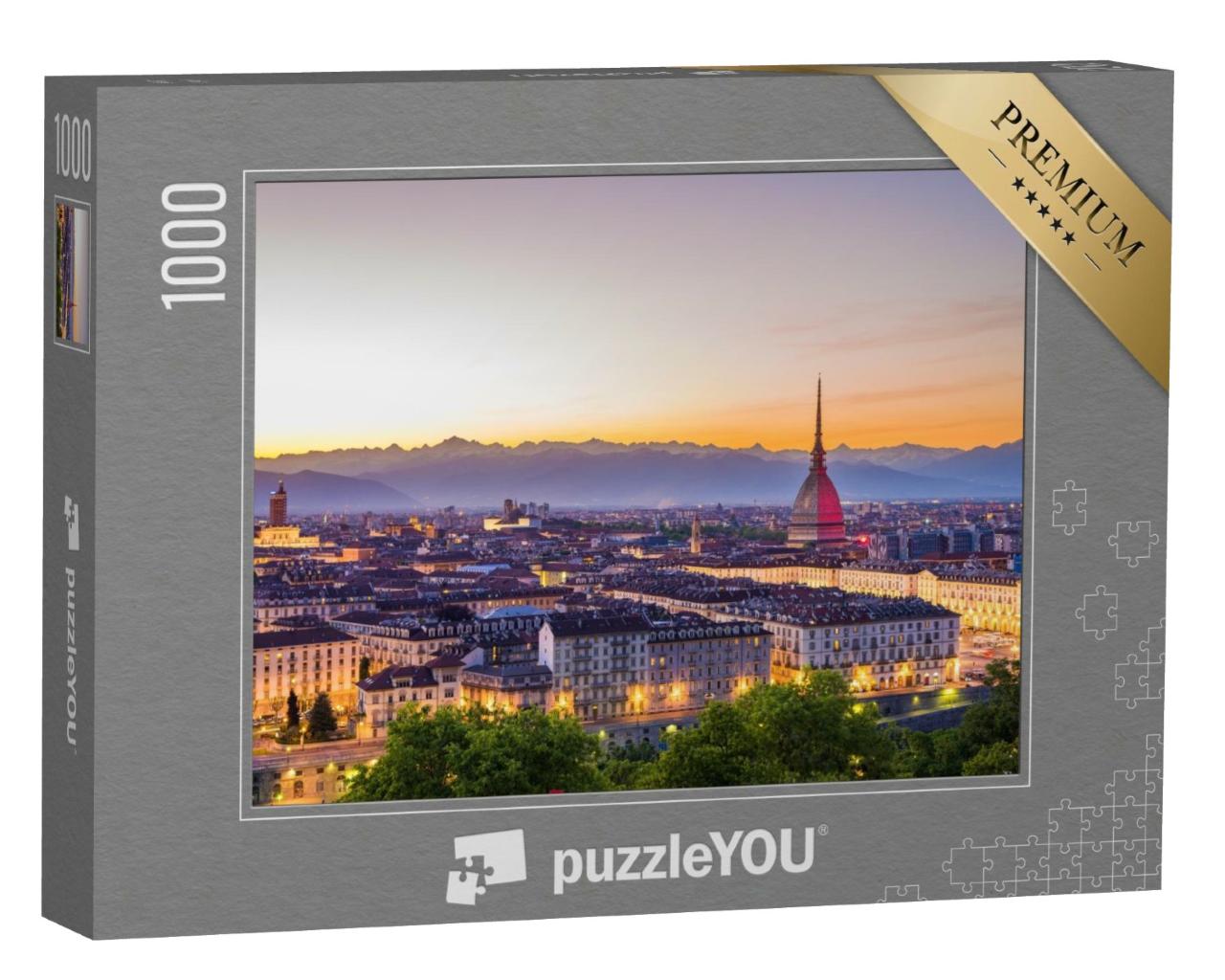 Puzzle de 1000 pièces « Skyline de Turin en Italie, paysage urbain au coucher du soleil »