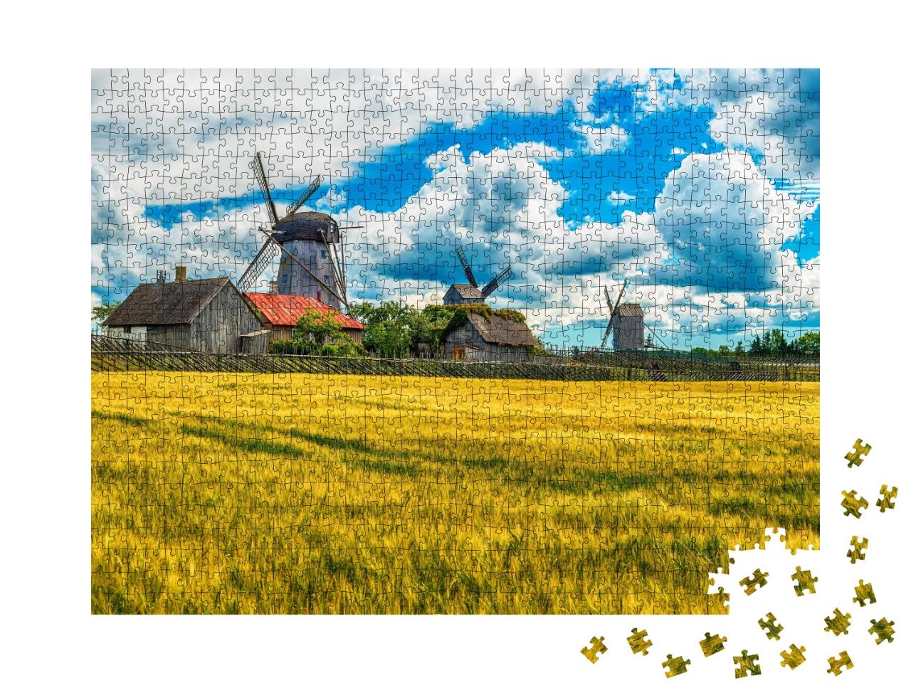 Puzzle de 1000 pièces « Champs d'été et moulins à vent Angla sur l'île de Saaremaa, Estonie »