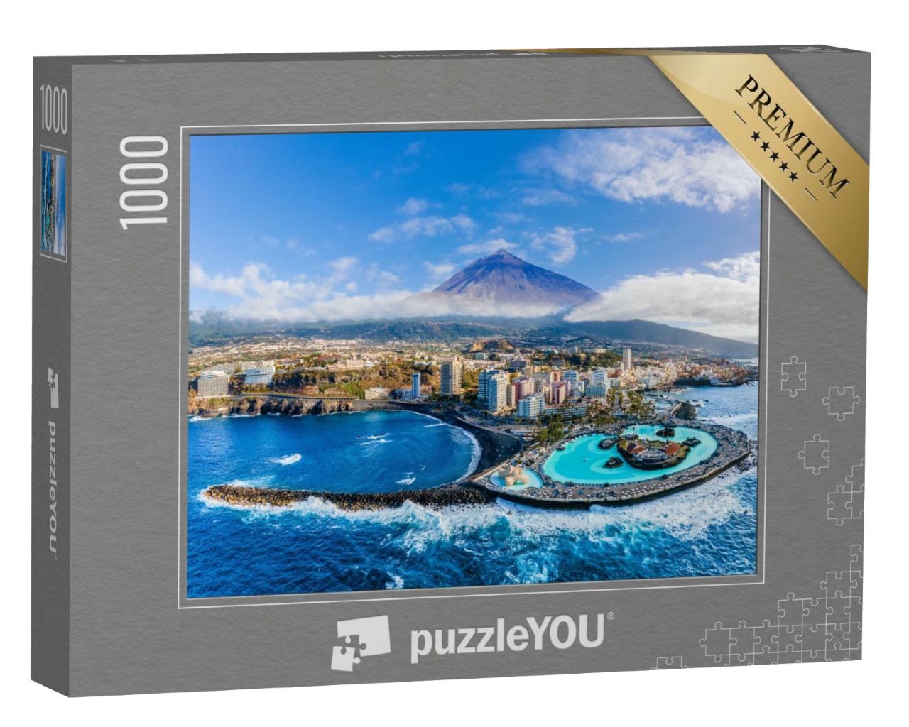Puzzle de 1000 pièces « Vue aérienne avec Puerto de la Cruz et le volcan Teide, Ténérife, Espagne »